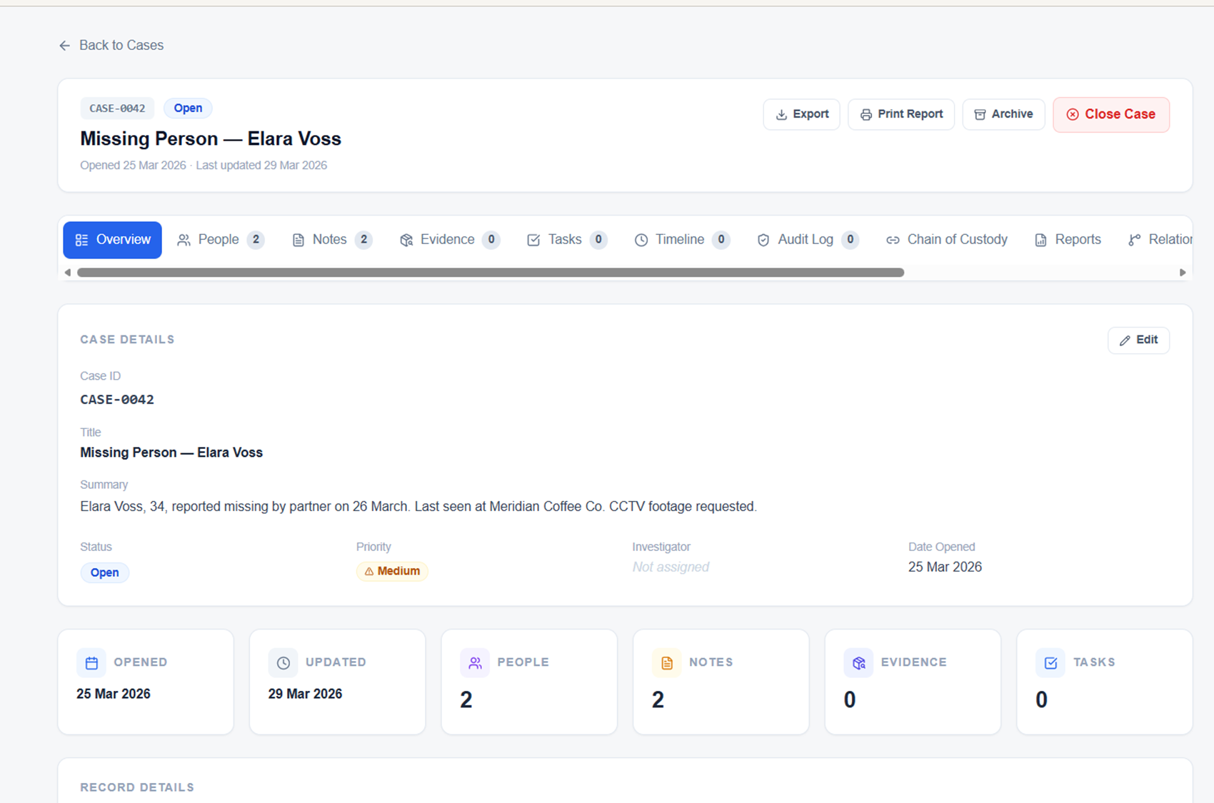 CaseTrack Analyst case detail overview showing subject profile and investigative findings